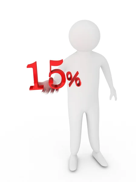 Humano dando quinze símbolo percentual vermelho isolado no fundo branco — Fotografia de Stock