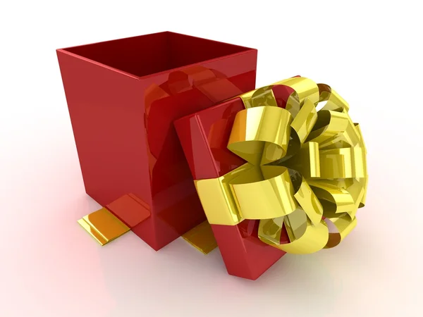 Caja de regalo abierta con lazo amarillo y cintas . — Foto de Stock