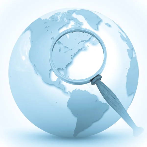 3d illustration of earth globe (USA and Canada) with magnify glass — Stock Photo, Image