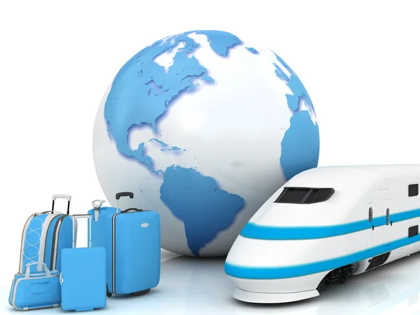 stock image Train traffic with a globe and luggage