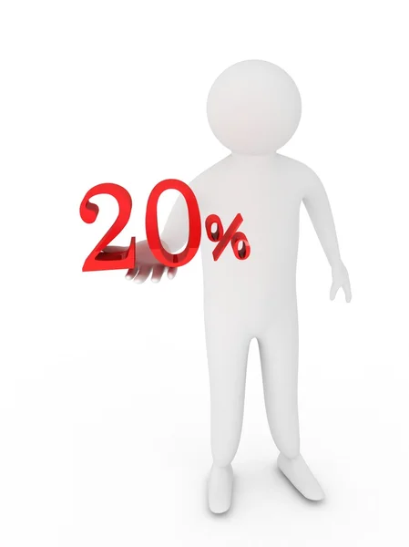 Dando humano vinte símbolo percentual vermelho isolado no fundo branco — Fotografia de Stock