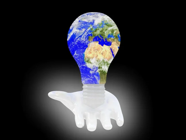 Light bulb with planet Earth on palm — Stock Photo, Image
