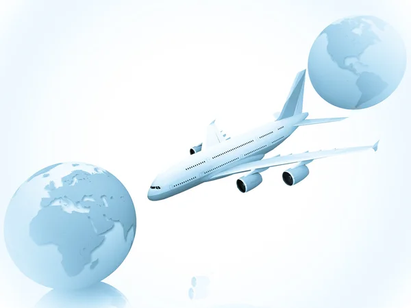 Airliner with two globe in the white background — Stock Photo, Image
