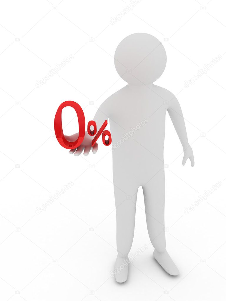Human giving zero red percentage symbol isolated on white background