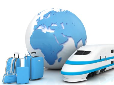 Train traffic with a globe and luggage clipart