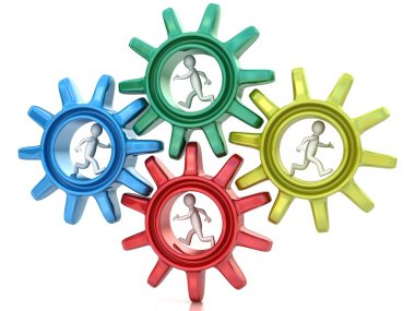 3d running men inside gears. Business concept clipart