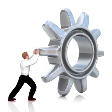 Businessman pushing a gear. clipart