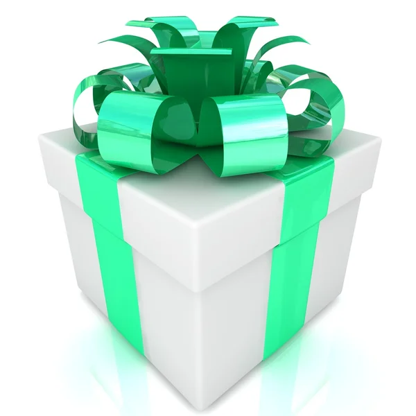 One white gift box with green ribbon and bow isolated — Stock Photo, Image