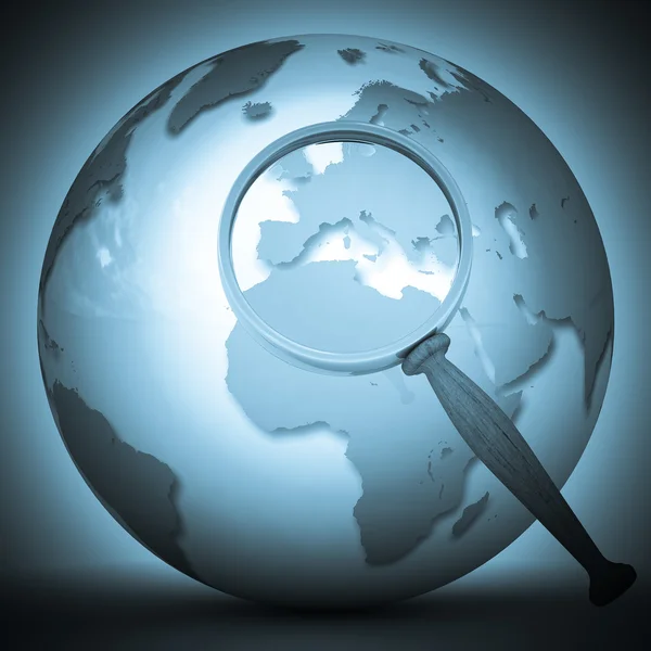 Abstract 3d illustration of earth globe (Europe) with magnify glass — Stock Photo, Image