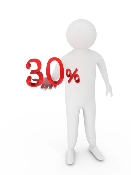 Umano dando trenta simbolo percentuale rosso isolato su sfondo bianco — Foto Stock
