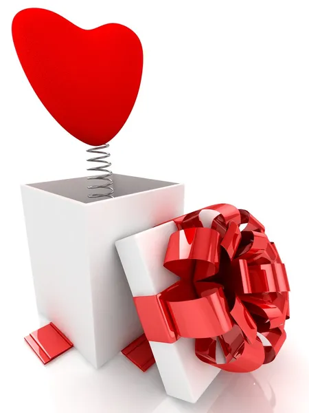 Ανοίξτε τη συσκευασία δώρου με έκπληξη καρδιά πάνω από το λευκό φόντο. 3D απεικόνιση. — Φωτογραφία Αρχείου
