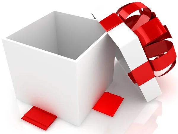 Caja de regalo abierta con lazo rojo y cintas . — Foto de Stock