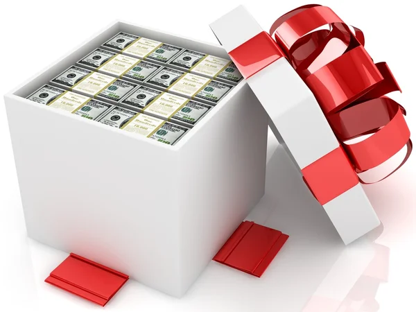 Caja regalo con paquetes de billetes de 100 dólares —  Fotos de Stock