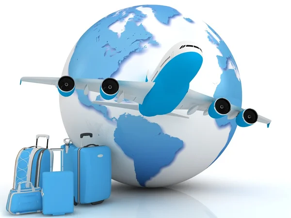 Airplane traffic with a globe and luggage — Stock Photo, Image