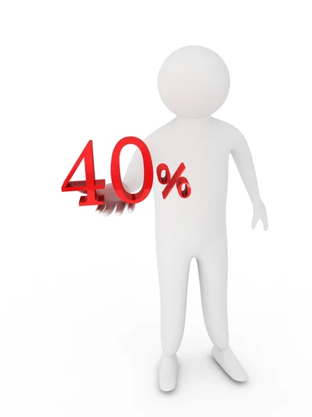 Humano dando quarenta símbolo percentual vermelho isolado no fundo branco — Fotografia de Stock