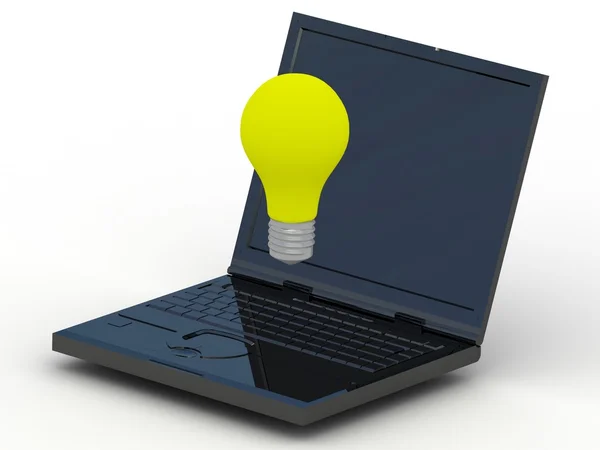Enda svart laptop pc dator sköt med idé glödlampa. — Stockfoto