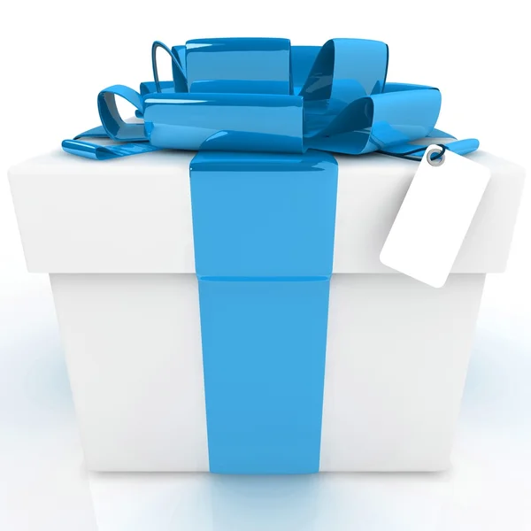 Un coffret cadeau blanc avec ruban bleu et arc isolé — Photo
