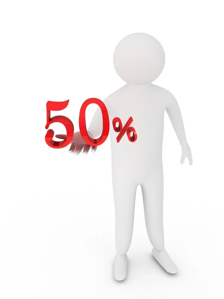 Humano dando cinquenta símbolo percentual vermelho isolado no fundo branco — Fotografia de Stock