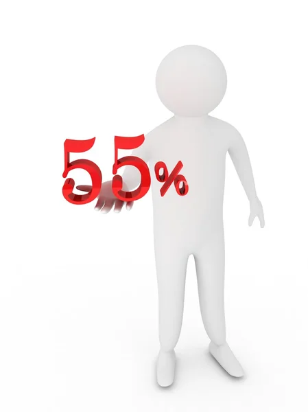 Humano dando cincuenta y cinco símbolo de porcentaje rojo aislado sobre fondo blanco — Foto de Stock