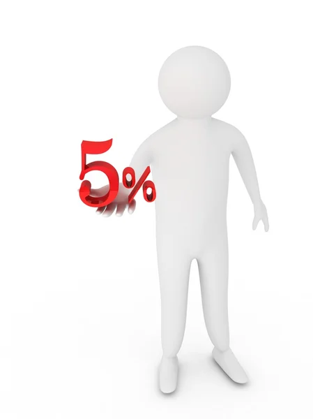 Humano dando cinco símbolo percentual vermelho isolado no fundo branco — Fotografia de Stock