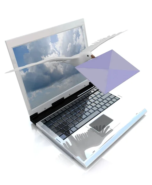 Biały gołąb niosąc dobrą wiadomość od monitora laptopa. — Zdjęcie stockowe