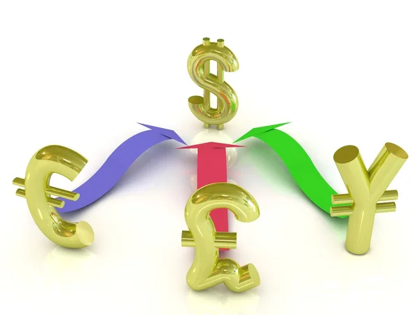 Dollar, euro, yen en pond borden met kleur pijlen — Stockfoto