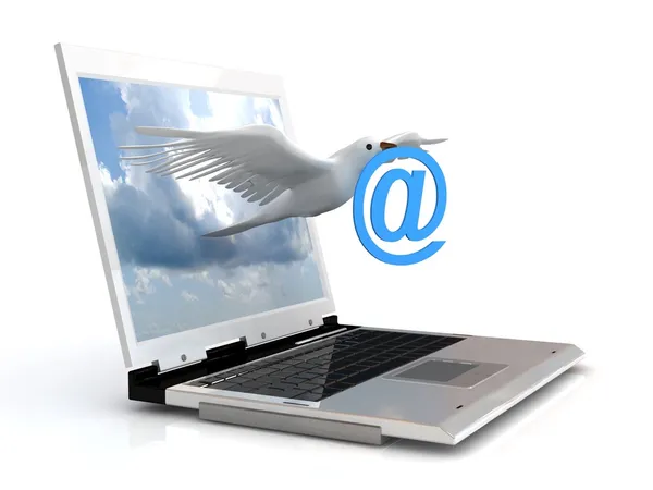 Witte homing pigeon uitvoering een goede boodschap van de laptop monitor. — Stockfoto