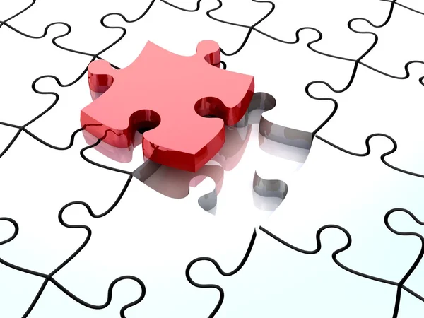 White jigsaw puzzles with one red piece — Stock Photo, Image