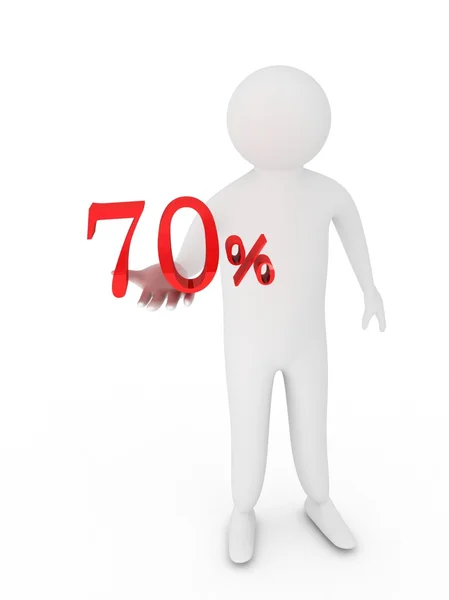 Humano dando setenta símbolo percentual vermelho isolado no fundo branco — Fotografia de Stock