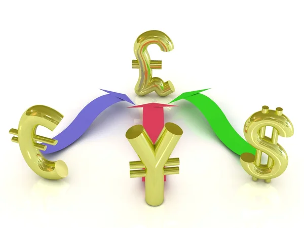 Dólar, euro, yen y signos de libras con flechas de color — Foto de Stock