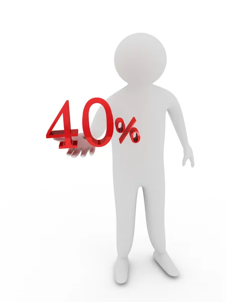 Humano dando quarenta símbolo percentual vermelho isolado no fundo branco — Fotografia de Stock