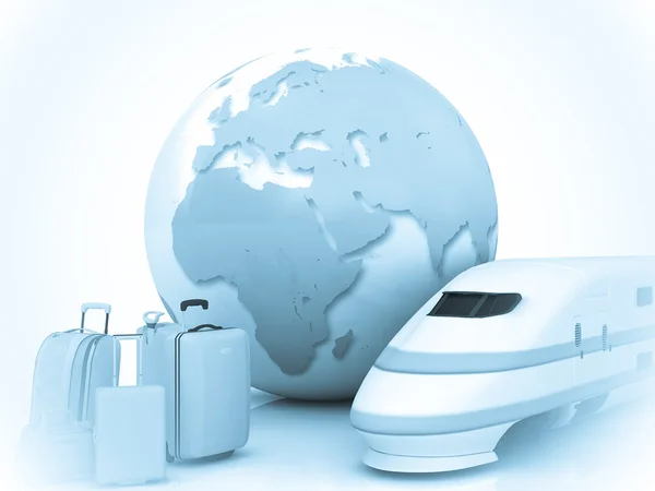 Train traffic with a globe and luggage — Stock Photo, Image