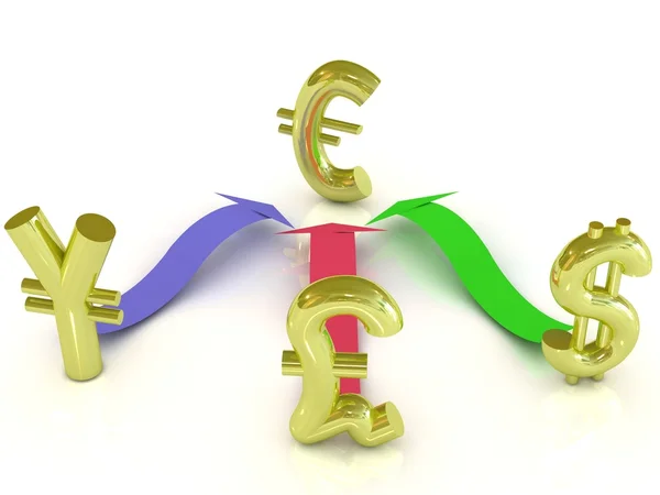 Sinal de dólar, euro, iene e libra com setas coloridas — Fotografia de Stock