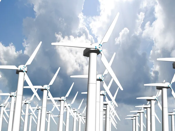 Větrné mlýny, obnovitelné zdroje energie. 3D - vykreslení. — Stock fotografie