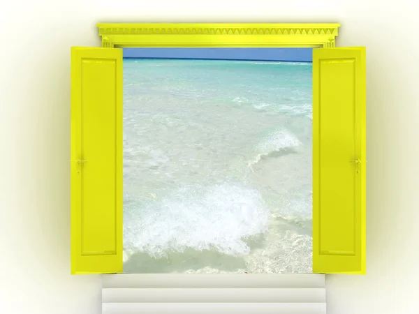 Colorata immagine estiva delle acque dell'oceano e cielo blu incorniciato dalla finestra della casa . — Foto Stock