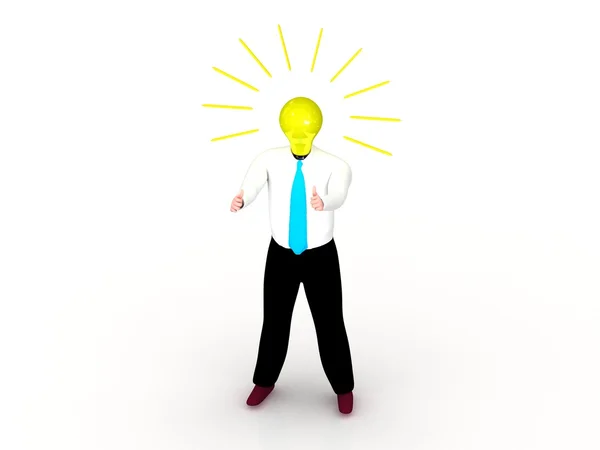 Uma figura humana com uma lâmpada brilhante para uma cabeça está em pé. . — Fotografia de Stock
