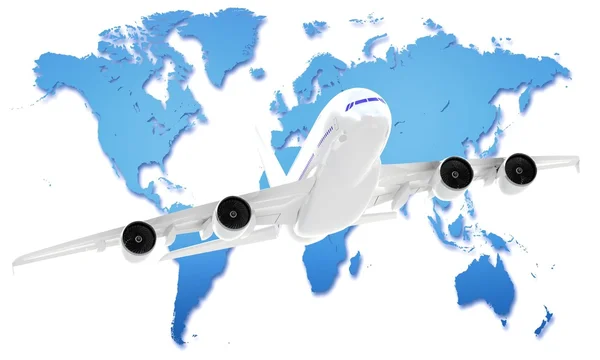 Samolot pasażerski w tle mapy świata — Zdjęcie stockowe