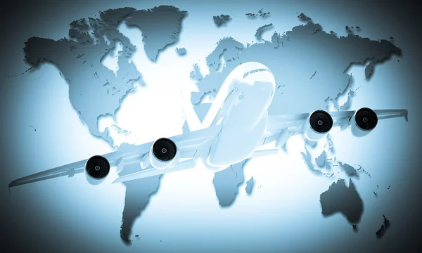 Passagierflugzeug im Hintergrund der Weltkarte — Stockfoto