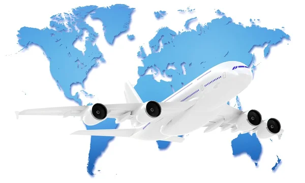 Samolot pasażerski w tle mapy świata — Zdjęcie stockowe
