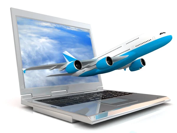 The plane takes off from the laptop monitor — Stock Photo, Image