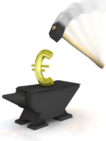 Euro segno su incudine sotto un martello pesante . — Foto Stock