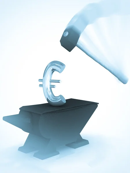 Euro sign on anvil under a heavy hammer. — Stock Photo, Image