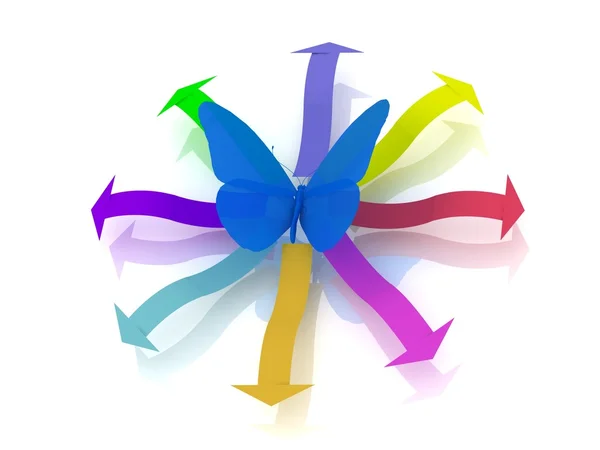 stock image Colored arrows ways out with blue butterfly in a center