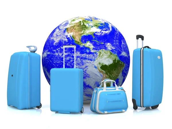 Bags for travel on the background of the globe — Stock Photo, Image