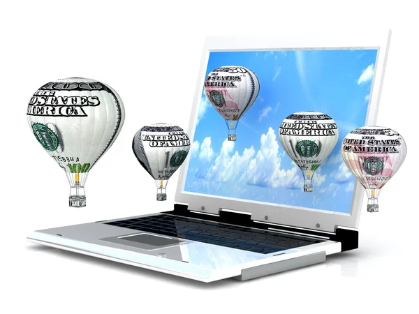 Laptop com balões de dólar — Fotografia de Stock