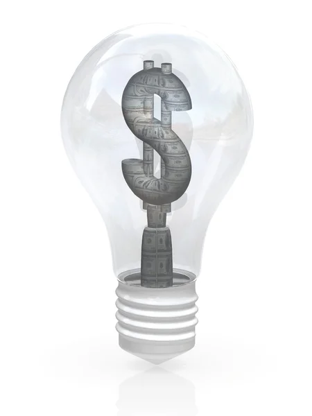 Geld verdienen Idee. Glühbirne mit Dollarsymbol umwickelt 100-Dollar-Banknote. — Stockfoto