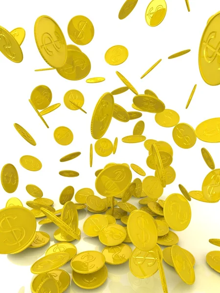 Regen van de gouden munten. geïsoleerd op wit. — Stockfoto