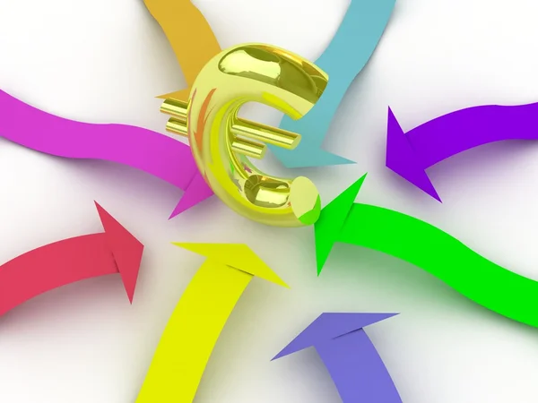 Zlatý symbol euro s barevné šipky — Stock fotografie