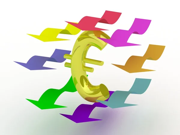 Goldenes Symbol Euro mit farbigen Pfeilen — Stockfoto