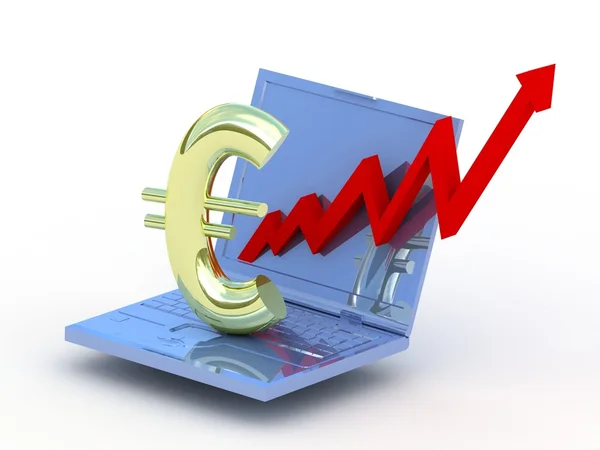 Crescimento do euro, com laptop azul — Fotografia de Stock